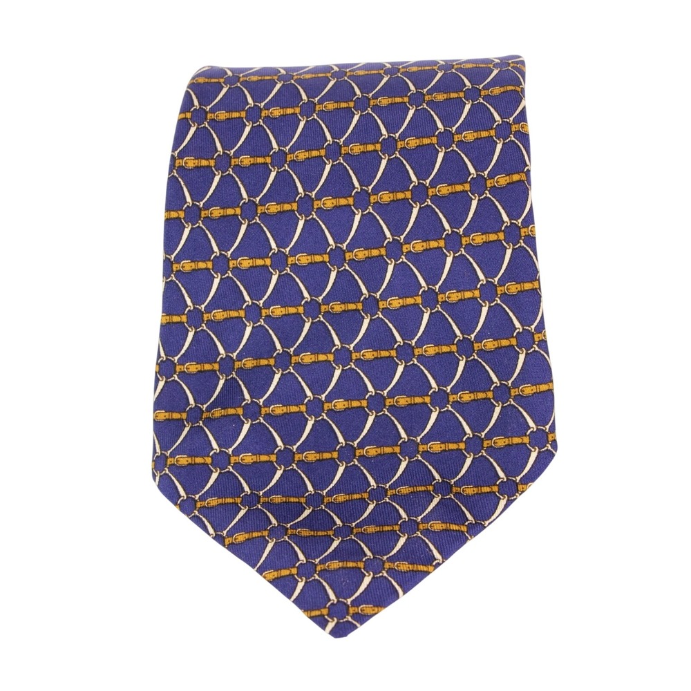 Hermes Paris Mens Short 52"‎ Blue Horsebit Equestrian 100% Silk Neck Tie 953 IA